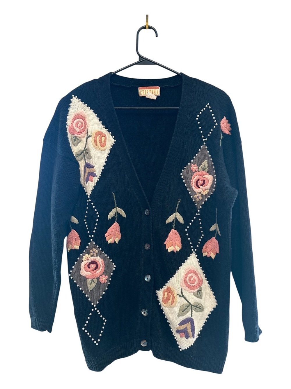 Vintage 80’s/90’s Cristina Black Cardigan with Pink Rose Embroidery Large